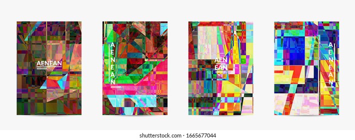 Abstract vector flyer template. Small broken pixel distortion glitch art. Matrix geometric pattern. Vibrant colorful digital texture. Computer marketing sale background.