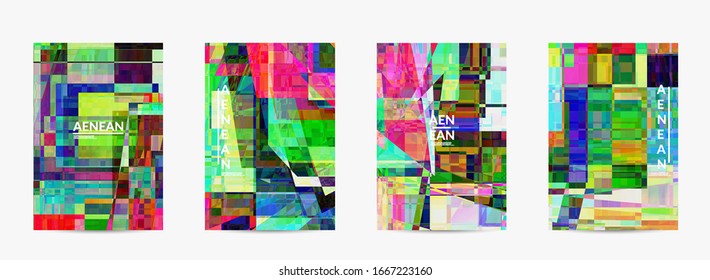 Abstract vector flyer template. Small broken pixel distortion glitch art. Matrix geometric pattern. Vibrant colorful digital texture. Computer marketing sale background.