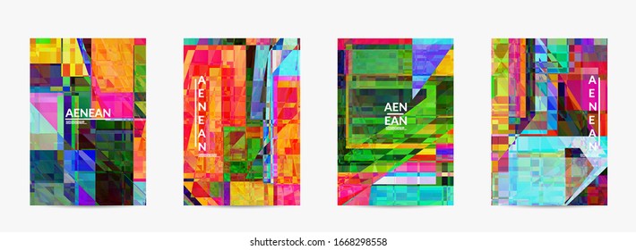 Abstract vector flyer template. Small broken pixel distortion glitch art. Matrix geometric pattern. Vibrant colorful digital texture. Computer marketing sale background.