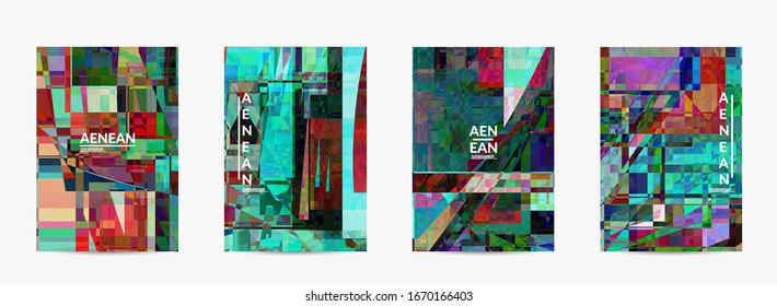 Abstract vector flyer template. Small broken pixel distortion glitch art. Matrix geometric pattern. Vibrant colorful digital texture. Computer marketing sale background.