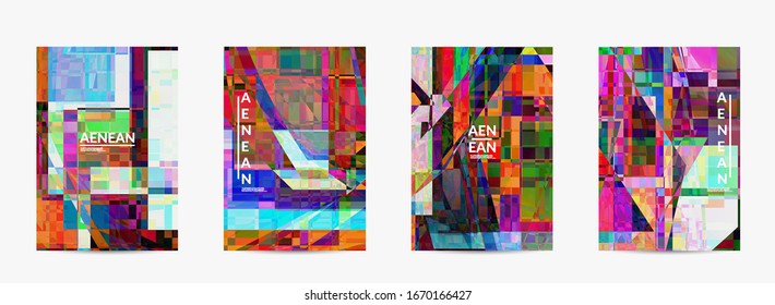 Abstract vector flyer template. Small broken pixel distortion glitch art. Matrix geometric pattern. Vibrant colorful digital texture. Computer marketing sale background.