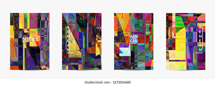Abstract vector flyer template. Small broken pixel distortion glitch art. Matrix geometric pattern. Vibrant colorful digital texture. Computer marketing sale background.