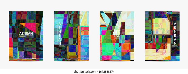 Abstract vector flyer template. Small broken pixel distortion glitch art. Matrix geometric pattern. Vibrant colorful digital texture. Computer marketing sale background.