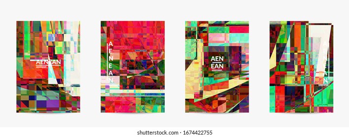 Abstract vector flyer template. Small broken pixel distortion glitch art. Matrix geometric pattern. Vibrant colorful digital texture. Computer marketing sale background.