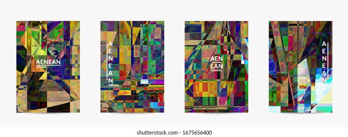Abstract vector flyer template. Small broken pixel distortion glitch art. Matrix geometric pattern. Vibrant colorful digital texture. Computer marketing sale background.
