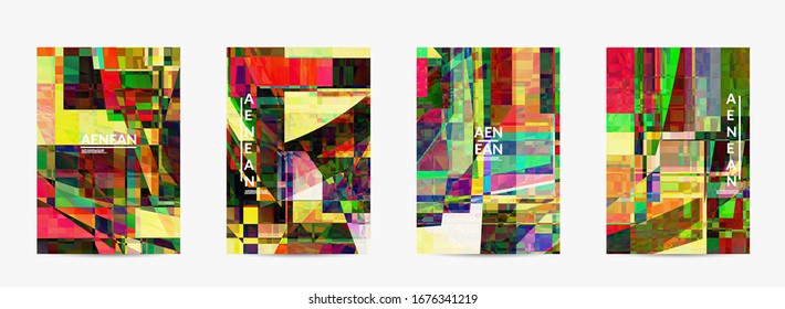 Abstract vector flyer template. Small broken pixel distortion glitch art. Matrix geometric pattern. Vibrant colorful digital texture. Computer marketing sale background.