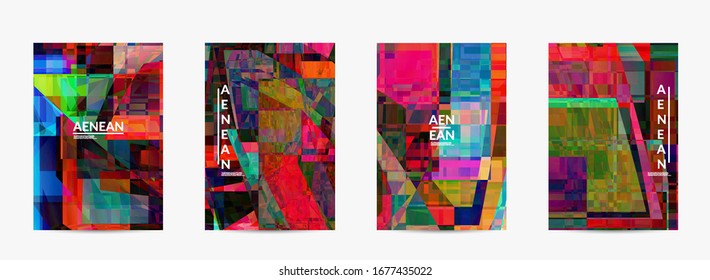 Abstract vector flyer template. Small broken pixel distortion glitch art. Matrix geometric pattern. Vibrant colorful digital texture. Computer marketing sale background.