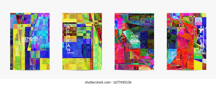 Abstract vector flyer template. Small broken pixel distortion glitch art. Matrix geometric pattern. Vibrant colorful digital texture. Computer marketing sale background.