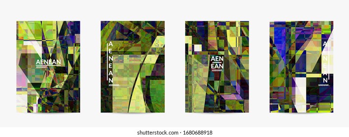 Abstract vector flyer template. Small broken pixel distortion glitch art. Matrix geometric pattern. Vibrant colorful digital texture. Computer marketing sale background.