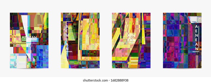 Abstract vector flyer template. Small broken pixel distortion glitch art. Matrix geometric pattern. Vibrant colorful digital texture. Computer marketing sale background.