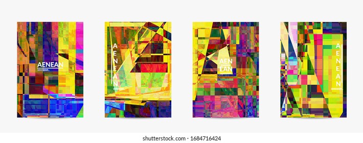Abstract vector flyer template. Small broken pixel distortion glitch art. Matrix geometric pattern. Vibrant colorful digital texture. Computer marketing sale background.