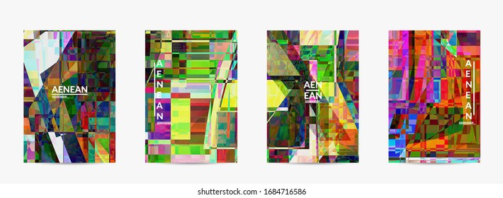 Abstract vector flyer template. Small broken pixel distortion glitch art. Matrix geometric pattern. Vibrant colorful digital texture. Computer marketing sale background.
