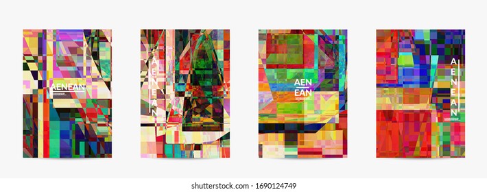 Abstract vector flyer template. Small broken pixel distortion glitch art. Matrix geometric pattern. Vibrant colorful digital texture. Computer marketing sale background.