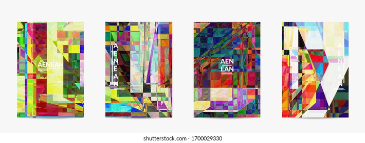 Abstract vector flyer template. Small broken pixel distortion glitch art. Matrix geometric pattern. Vibrant colorful digital texture. Computer marketing sale background.