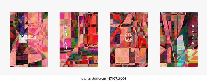 Abstract vector flyer template. Small broken pixel distortion glitch art. Matrix geometric pattern. Vibrant colorful digital texture. Computer marketing sale background.