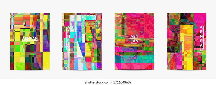 Abstract vector flyer template. Small broken pixel distortion glitch art. Matrix geometric pattern. Vibrant colorful digital texture. Computer marketing sale background.