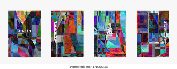 Abstract vector flyer template. Small broken pixel distortion glitch art. Matrix geometric pattern. Vibrant colorful digital texture. Computer marketing sale background.