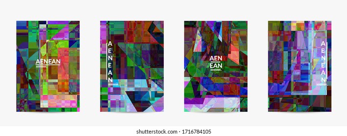Abstract vector flyer template. Small broken pixel distortion glitch art. Matrix geometric pattern. Vibrant colorful digital texture. Computer marketing sale background.