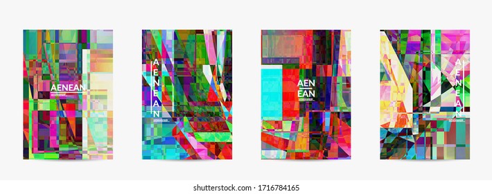 Abstract vector flyer template. Small broken pixel distortion glitch art. Matrix geometric pattern. Vibrant colorful digital texture. Computer marketing sale background.
