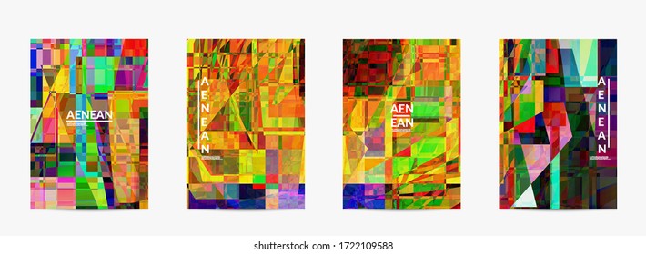 Abstract vector flyer template. Small broken pixel distortion glitch art. Matrix geometric pattern. Vibrant colorful digital texture. Computer marketing sale background.
