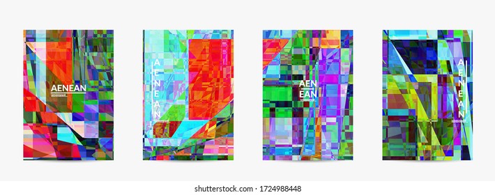 Abstract vector flyer template. Small broken pixel distortion glitch art. Matrix geometric pattern. Vibrant colorful digital texture. Computer marketing sale background.