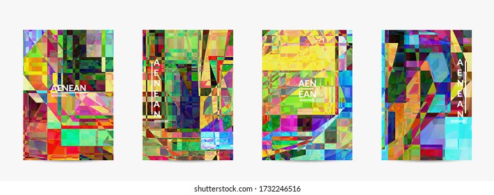 Abstract vector flyer template. Small broken pixel distortion glitch art. Matrix geometric pattern. Vibrant colorful digital texture. Computer marketing sale background.