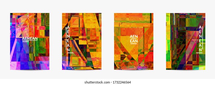Abstract vector flyer template. Small broken pixel distortion glitch art. Matrix geometric pattern. Vibrant colorful digital texture. Computer marketing sale background.
