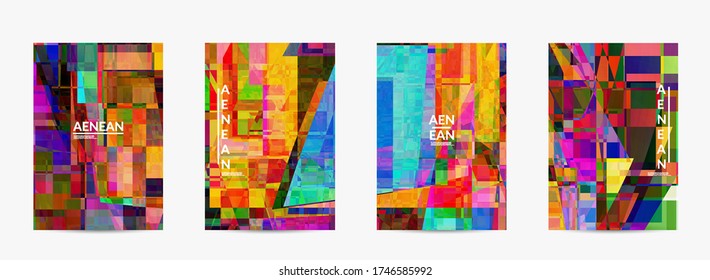 Abstract vector flyer template. Small broken pixel distortion glitch art. Matrix geometric pattern. Vibrant colorful digital texture. Computer marketing sale background.