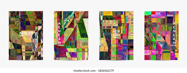 Abstract vector flyer template. Small broken pixel distortion glitch art. Matrix geometric pattern. Vibrant colorful digital texture. Computer marketing sale background.