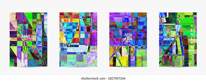 Abstract vector flyer template. Small broken pixel distortion glitch art. Matrix geometric pattern. Vibrant colorful digital texture. Computer marketing sale background.
