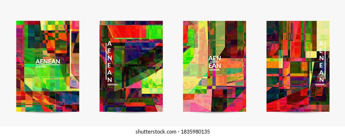 Plantilla de volante de vector abstracto. Pequeño arte de desenfoque de distorsión de píxeles rotos. Patrón geométrico de matriz. Vibrante textura digital colorida. Antecedentes de venta de marketing por computadora.