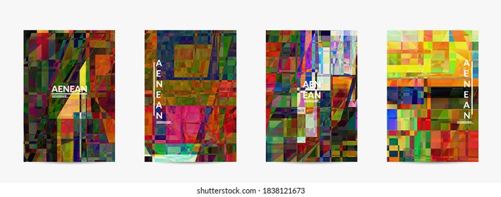 Abstract vector flyer template. Small broken pixel distortion glitch art. Matrix geometric pattern. Vibrant colorful digital texture. Computer marketing sale background.