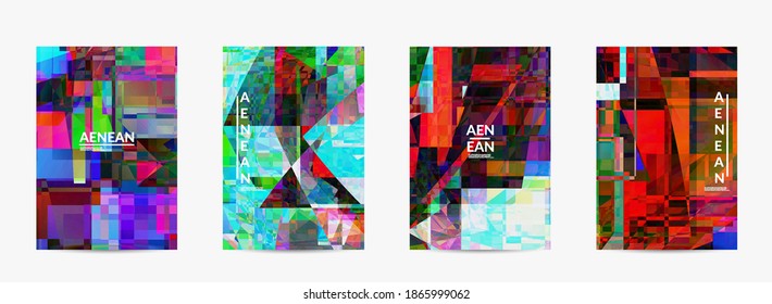 Abstract vector flyer template. Small broken pixel distortion glitch art. Matrix geometric pattern. Vibrant colorful digital texture. Computer marketing sale background.