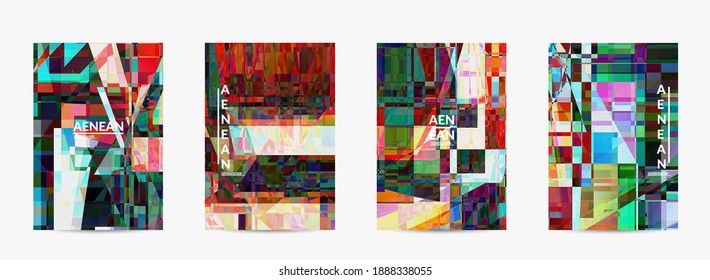 Abstract vector flyer template. Small broken pixel distortion glitch art. Matrix geometric pattern. Vibrant colorful digital texture. Computer marketing sale background.