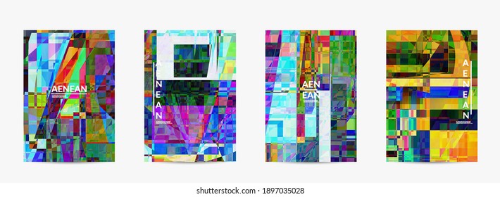 Abstract vector flyer template. Small broken pixel distortion glitch art. Matrix geometric pattern. Vibrant colorful digital texture. Computer marketing sale background.