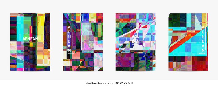 Abstract vector flyer template. Small broken pixel distortion glitch art. Matrix geometric pattern. Vibrant colorful digital texture. Computer marketing sale background.