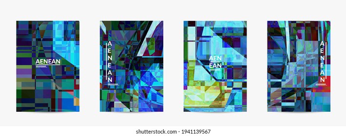 Abstract vector flyer template. Small broken pixel distortion glitch art. Matrix geometric pattern. Vibrant colorful digital texture. Computer marketing sale background.
