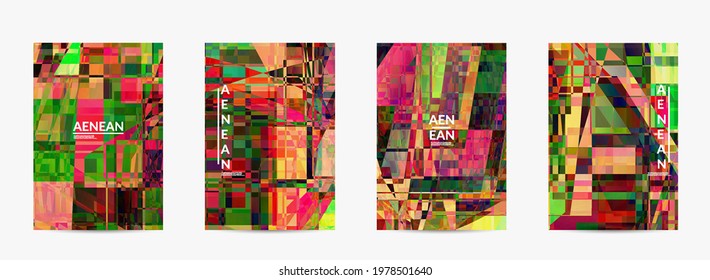 Abstract vector flyer template. Small broken pixel distortion glitch art. Matrix geometric pattern. Vibrant colorful digital texture. Computer marketing sale background.