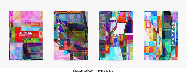 Abstract vector flyer template. Small broken pixel distortion glitch art. Matrix geometric pattern. Vibrant colorful digital texture. Computer marketing sale background.