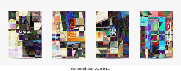 Abstract vector flyer template. Small broken pixel distortion glitch art. Matrix geometric pattern. Vibrant colorful digital texture. Computer marketing sale background.