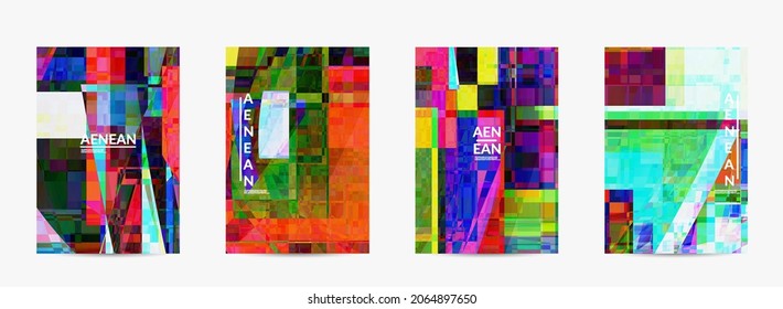 Abstract vector flyer template. Small broken pixel distortion glitch art. Matrix geometric pattern. Vibrant colorful digital texture. Computer marketing sale background.