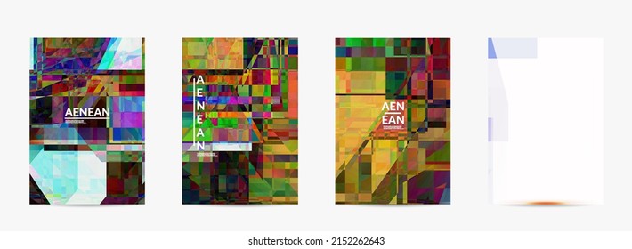 Abstract vector flyer template. Small broken pixel distortion glitch art. Matrix geometric pattern. Vibrant colorful digital texture. Computer marketing sale background.