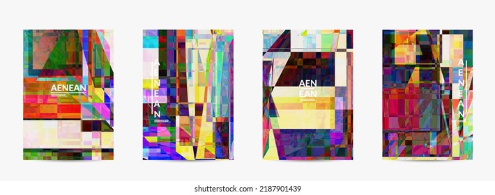 Abstract vector flyer template. Small broken pixel distortion glitch art. Matrix geometric pattern. Vibrant colorful digital texture. Computer marketing sale background.