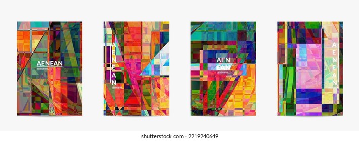 Abstract vector flyer template. Small broken pixel distortion glitch art. Matrix geometric pattern. Vibrant colorful digital texture. Computer marketing sale background.