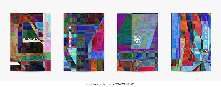 Abstract vector flyer template. Small broken pixel distortion glitch art. Matrix geometric pattern. Vibrant colorful digital texture. Computer marketing sale background.