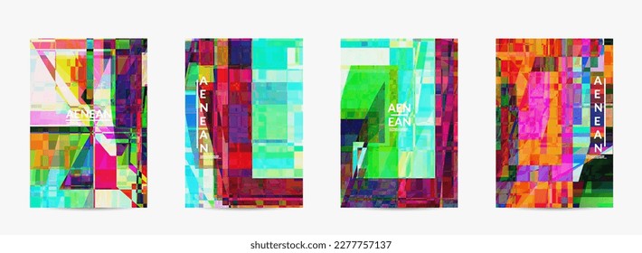 Abstract vector flyer template. Small broken pixel distortion glitch art. Matrix geometric pattern. Vibrant colorful digital texture. Computer marketing sale background.