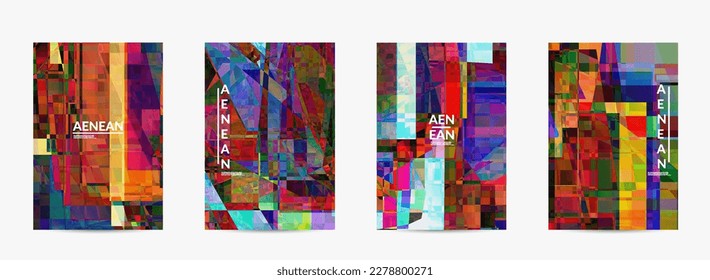 Abstract vector flyer template. Small broken pixel distortion glitch art. Matrix geometric pattern. Vibrant colorful digital texture. Computer marketing sale background.