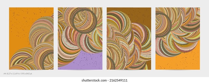 Abstract vector flyer template. Striped swirled shape with grange texture on flat earthy colored background. 3D computer modeling science geometry futuristic wave. Contemporary modern art, print.