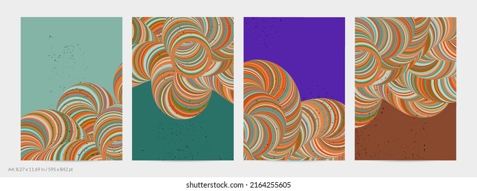 Abstract vector flyer template. Striped swirled shape with grange texture on flat earthy colored background. 3D computer modeling science geometry futuristic wave. Contemporary modern art, print.
