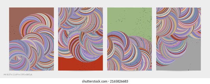 Abstract vector flyer template. Striped swirled shape with grange texture on flat earthy colored background. 3D computer modeling science geometry futuristic wave. Contemporary modern art, print.